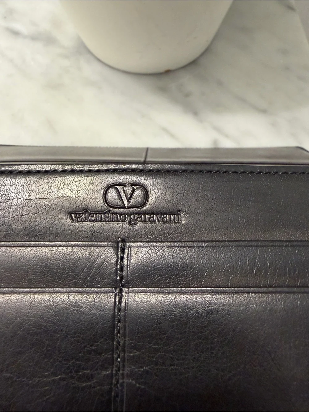 Vintage Valentino Garavani Black Leather Card Holder with Embossed Logo